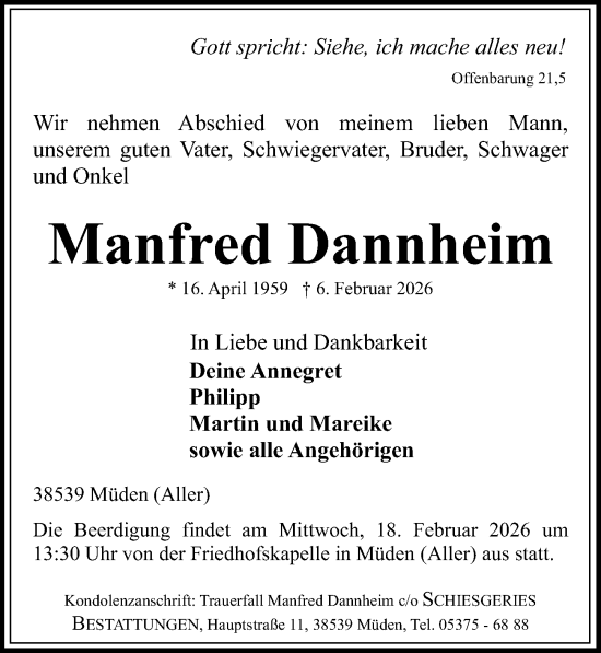 Traueranzeige von Manfred Dannheim von Aller Zeitung