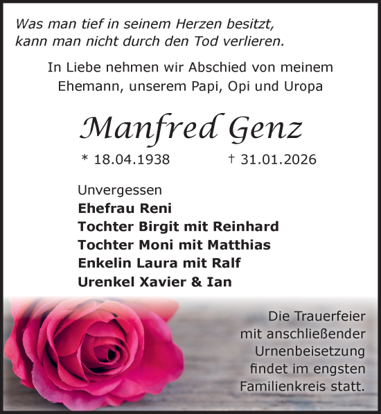 Traueranzeige von Manfred Genz von Sächsische Zeitung
