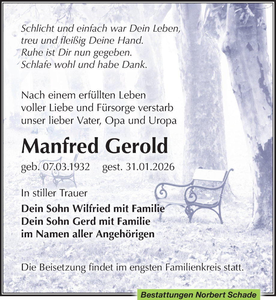  Traueranzeige für Manfred Gerold vom 07.02.2026 aus Leipziger Volkszeitung
