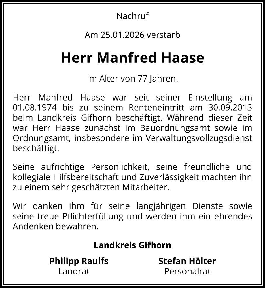  Traueranzeige für Manfred Haase vom 20.02.2026 aus Aller Zeitung