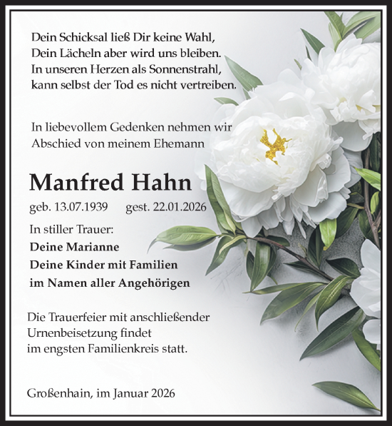 Traueranzeige von Manfred Hahn von Sächsische Zeitung