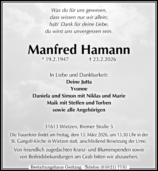 Traueranzeige von Manfred Hamann von Die Harke