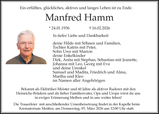 Traueranzeige von Manfred Hamm von Sächsische Zeitung