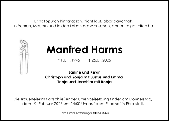 Traueranzeige von Manfred Harms von Aller Zeitung