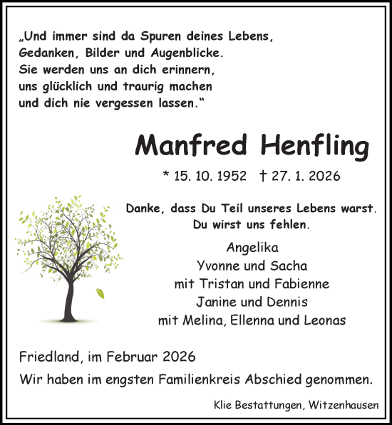 Traueranzeige von Manfred Henfling von Göttinger Tageblatt