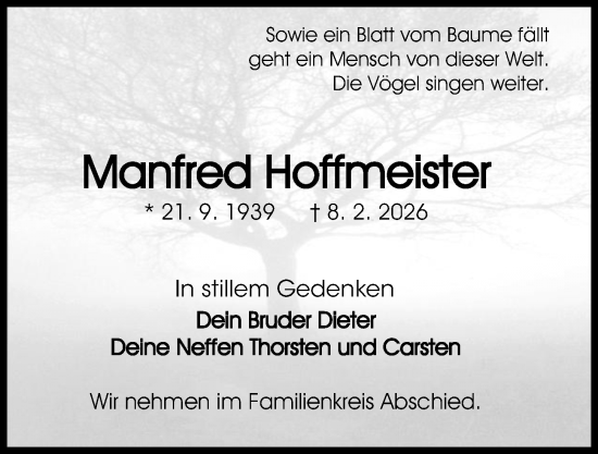 Traueranzeige von Manfred Hoffmeister von Kieler Nachrichten