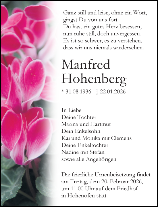 Traueranzeige von Manfred Hohenberg von Wochenspiegel