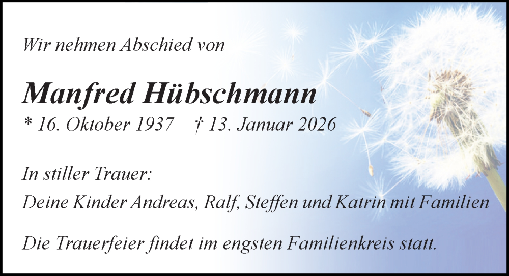  Traueranzeige für Manfred Hübschmann vom 24.01.2026 aus Sächsische Zeitung