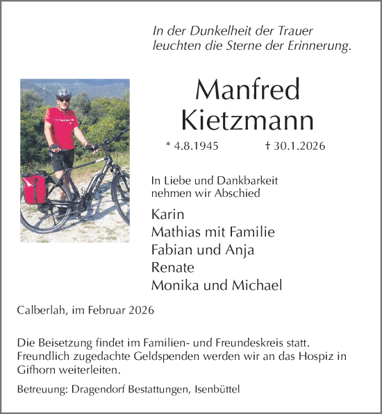 Traueranzeige von Manfred Kietzmann von Aller Zeitung