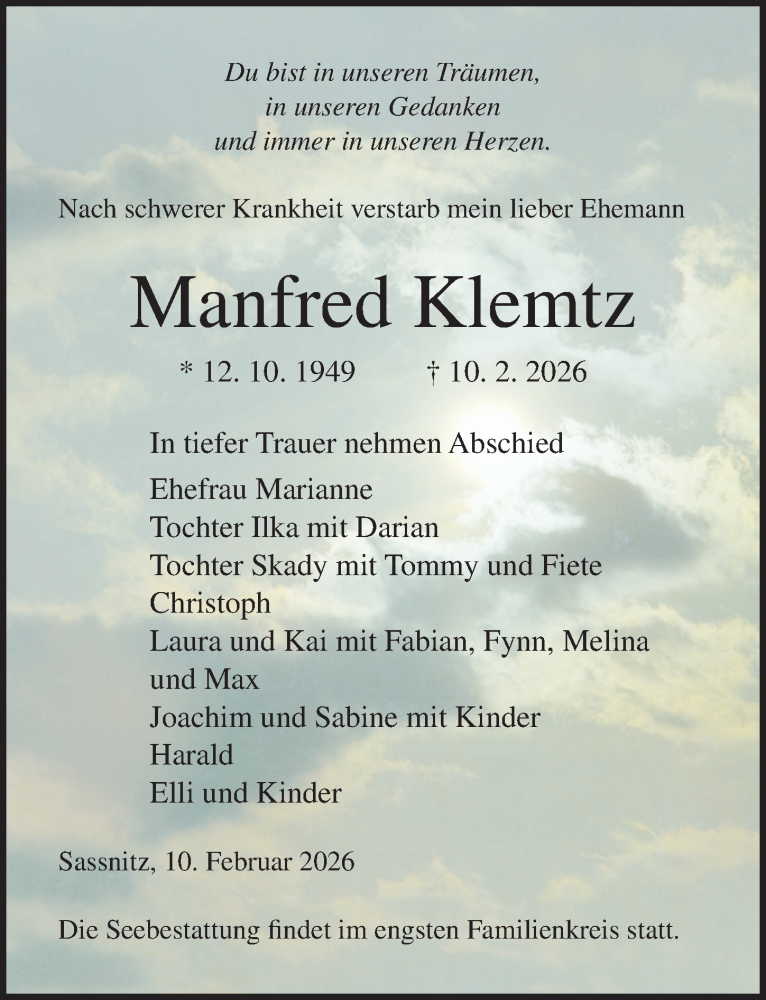  Traueranzeige für Manfred Klemtz vom 21.02.2026 aus Ostsee-Zeitung GmbH