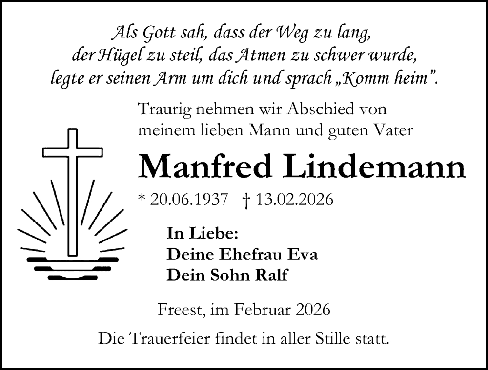  Traueranzeige für Manfred Lindemann vom 21.02.2026 aus Ostsee-Zeitung GmbH