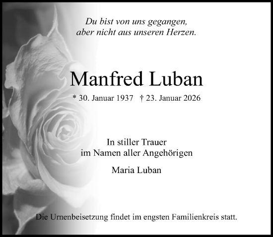 Traueranzeige von Manfred Luban von Märkischen Allgemeine Zeitung