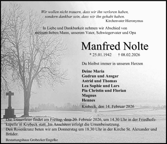 Traueranzeige von Manfred Nolte von Eichsfelder Tageblatt