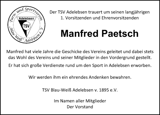 Traueranzeige von Manfred Paetsch von Göttinger Tageblatt