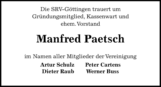 Traueranzeige von Manfred Paetsch von Göttinger Tageblatt