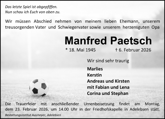 Traueranzeige von Manfred Paetsch von Göttinger Tageblatt
