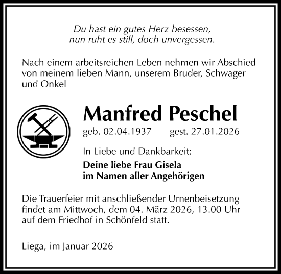 Traueranzeige von Manfred Peschel von Sächsische Zeitung