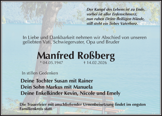 Traueranzeige von Manfred Roßberg von Leipziger Volkszeitung