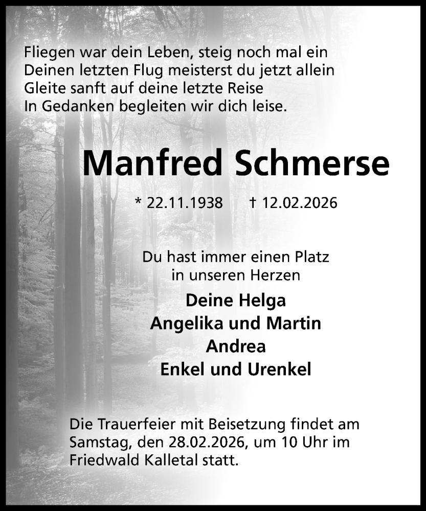  Traueranzeige für Manfred Schmerse vom 21.02.2026 aus Schaumburger Nachrichten und Schaumburger Zeitung/ Landes-Zeitung