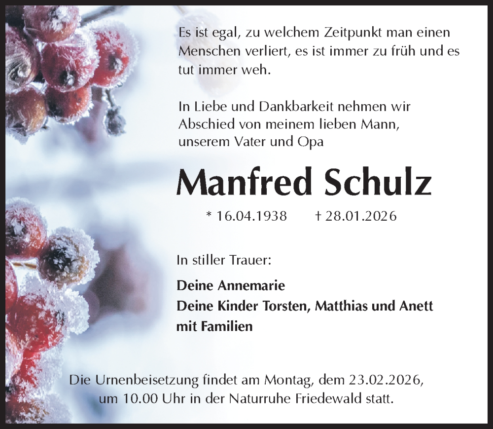  Traueranzeige für Manfred Schulz vom 14.02.2026 aus Sächsische Zeitung