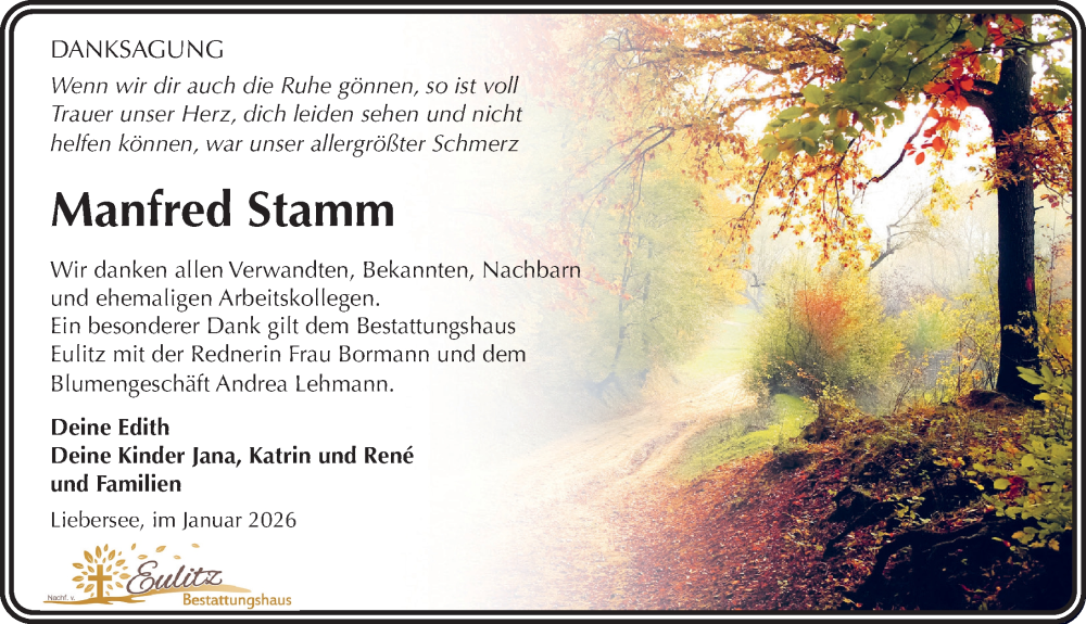  Traueranzeige für Manfred Stamm vom 14.02.2026 aus Torgauer Zeitung
