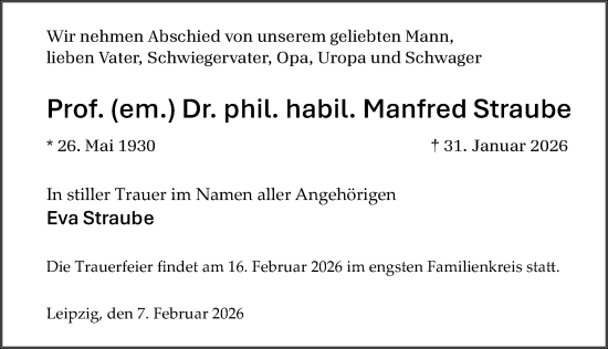 Traueranzeige von Manfred Straube von Leipziger Volkszeitung
