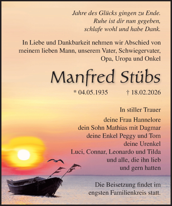Traueranzeige von Manfred Stübs von Ostsee-Zeitung GmbH