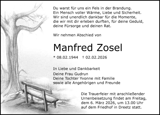 Traueranzeige von Manfred Zosel von Wochenspiegel