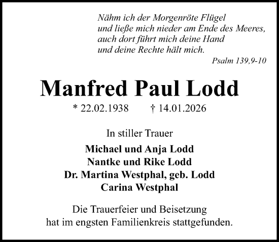 Traueranzeige von Manfred Paul Lodd von Lübecker Nachrichten