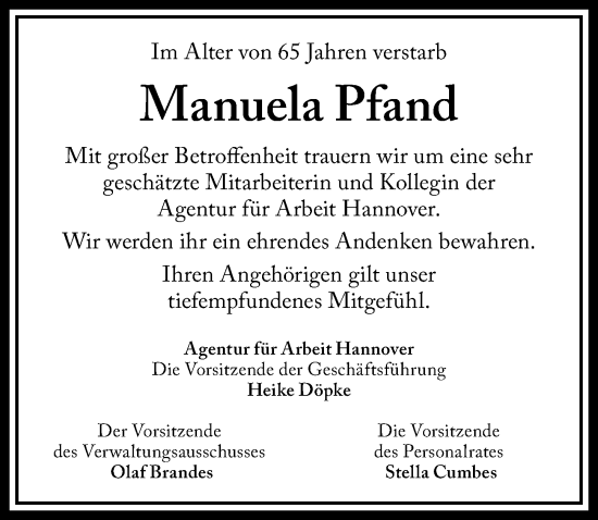 Traueranzeige von Manuela Pfand von Hannoversche Allgemeine Zeitung/Neue Presse