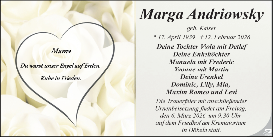 Traueranzeige von Marga Andriowsky von Sächsische Zeitung