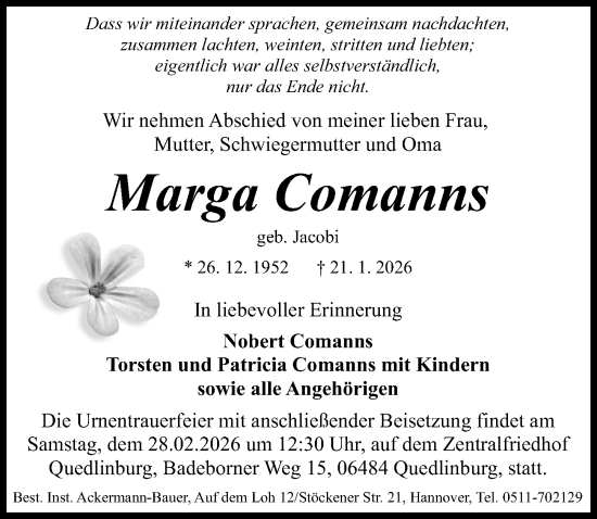 Traueranzeige von Marga Comanns von Hannoversche Allgemeine Zeitung/Neue Presse