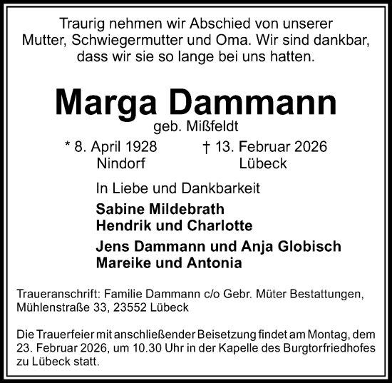 Traueranzeige von Marga Dammann von Lübecker Nachrichten