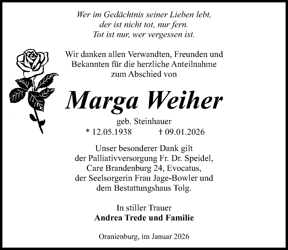  Traueranzeige für Marga Weiher vom 14.02.2026 aus Märkischen Allgemeine Zeitung