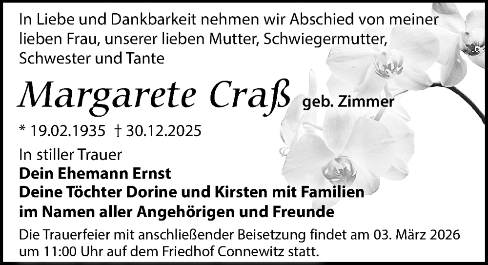  Traueranzeige für Margarete Craß vom 14.02.2026 aus Leipziger Volkszeitung
