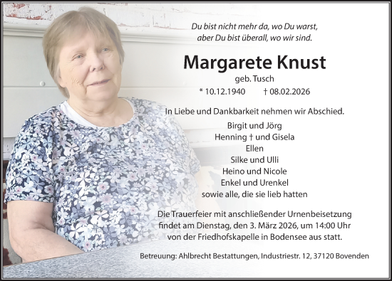 Traueranzeige von Margarete Knust von Göttinger Tageblatt