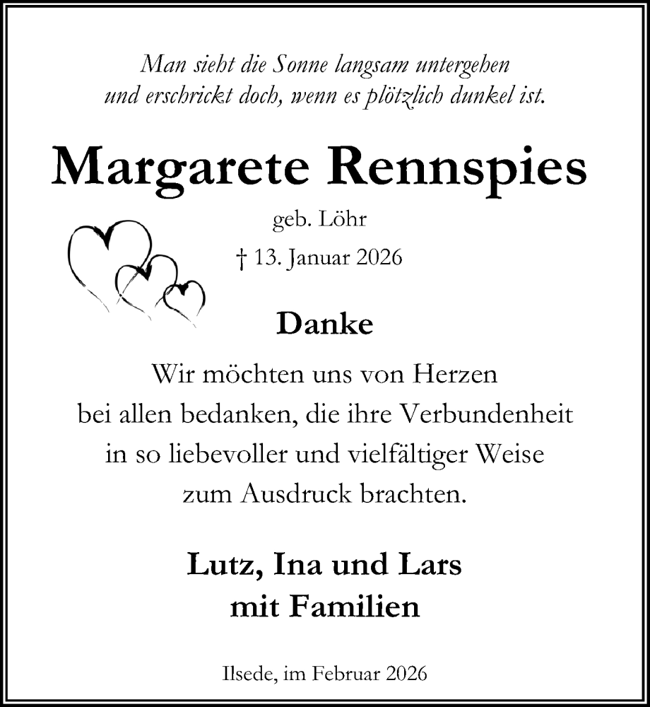  Traueranzeige für Margarete Rennspies vom 21.02.2026 aus Peiner Allgemeine Zeitung