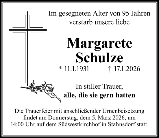 Traueranzeige von Margarete Schulze von Märkischen Allgemeine Zeitung