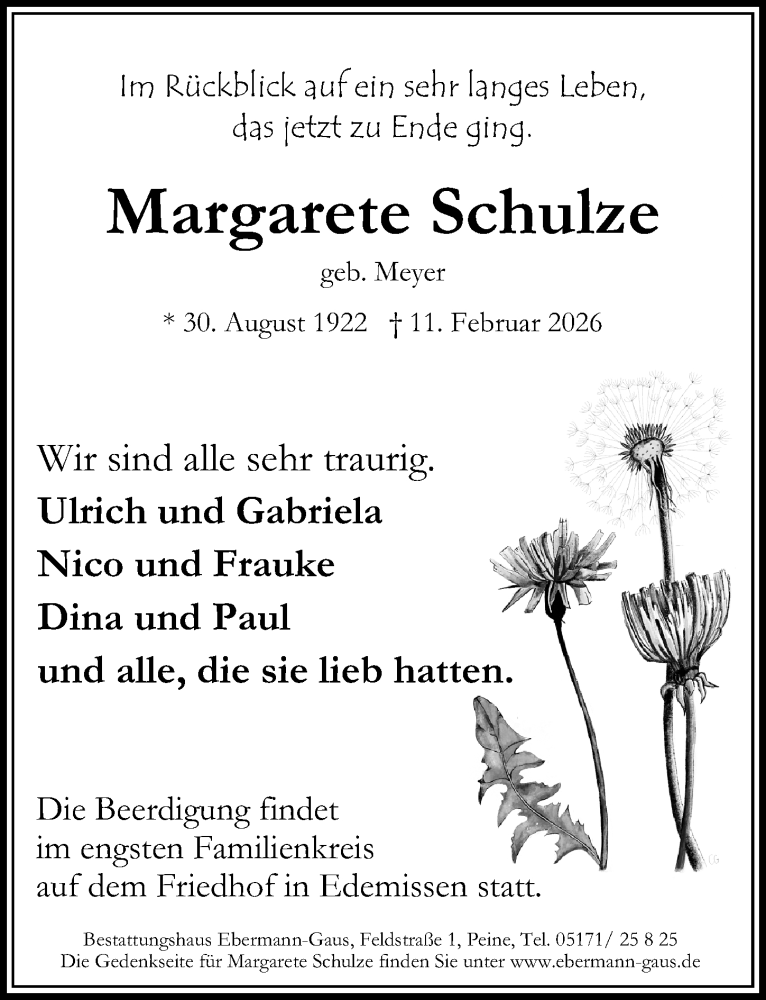  Traueranzeige für Margarete Schulze vom 14.02.2026 aus Peiner Allgemeine Zeitung