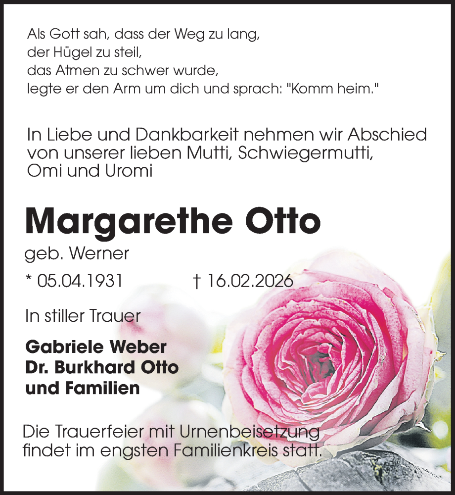  Traueranzeige für Margarethe Otto vom 21.02.2026 aus Sächsische Zeitung