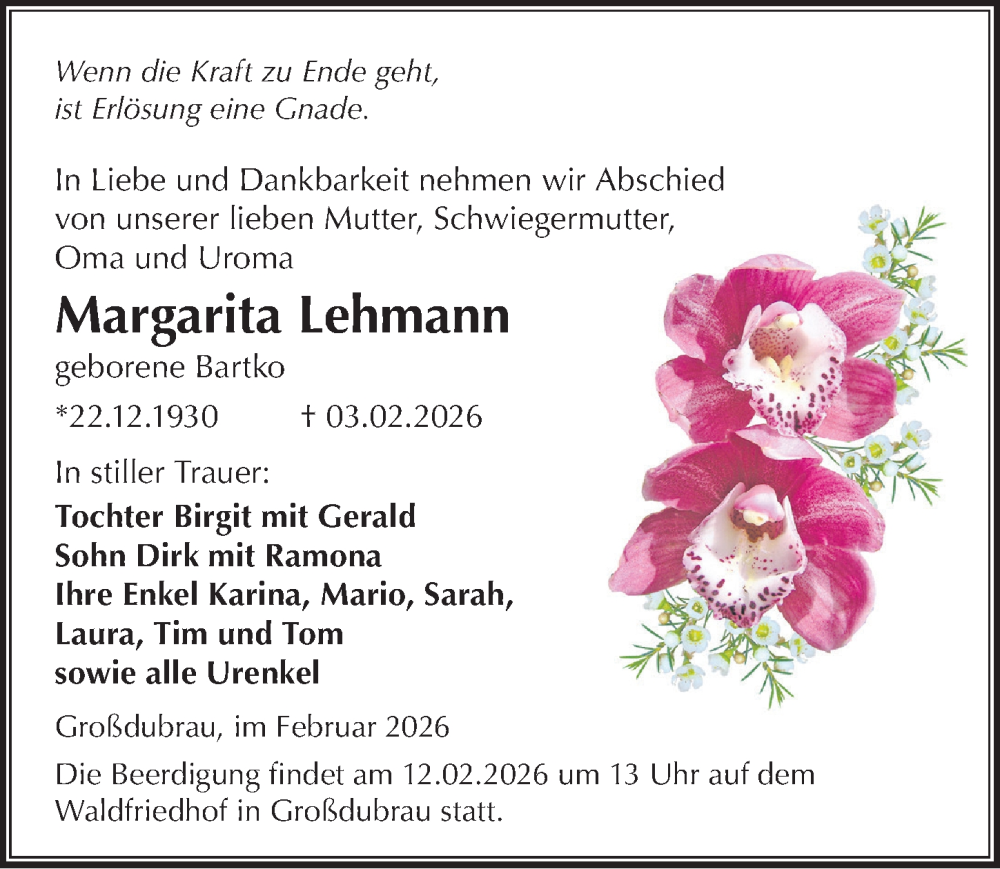  Traueranzeige für Margarita Lehmann vom 07.02.2026 aus Sächsische Zeitung