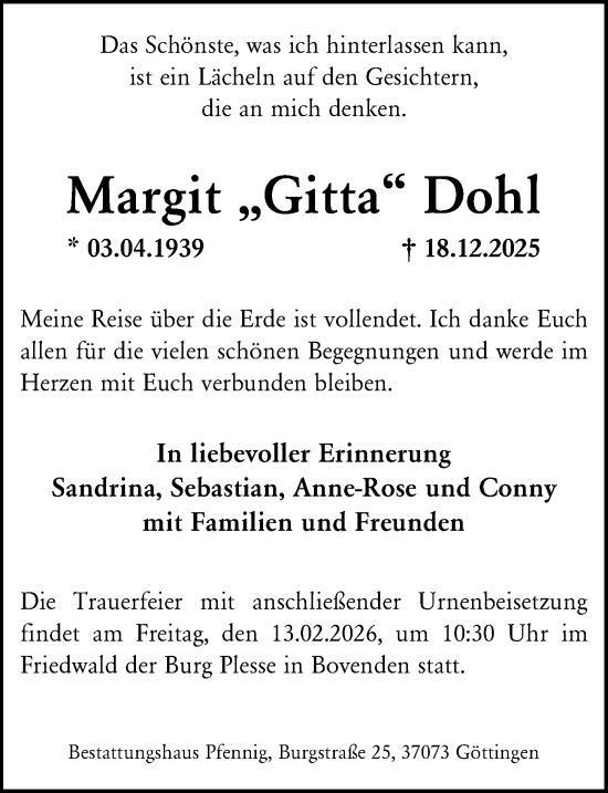 Traueranzeige von Margit Dohl von Göttinger Tageblatt