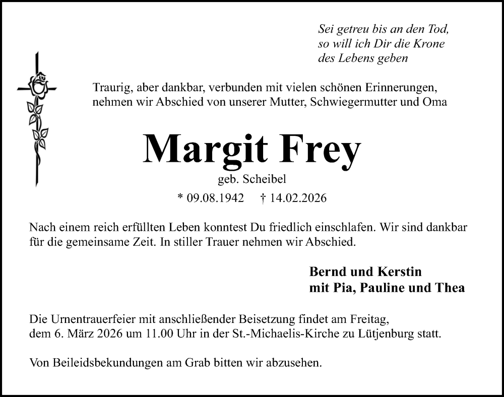  Traueranzeige für Margit Frey vom 20.02.2026 aus Kieler Nachrichten