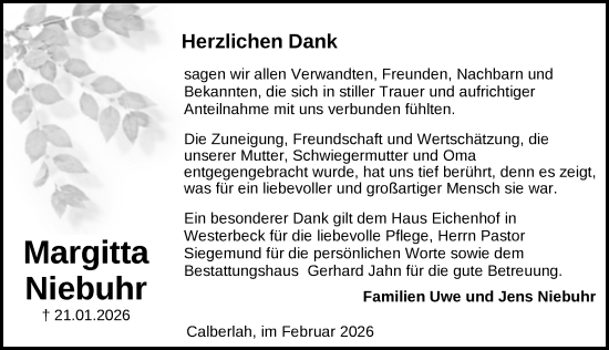 Traueranzeige von Margitta Niebuhr von Aller Zeitung