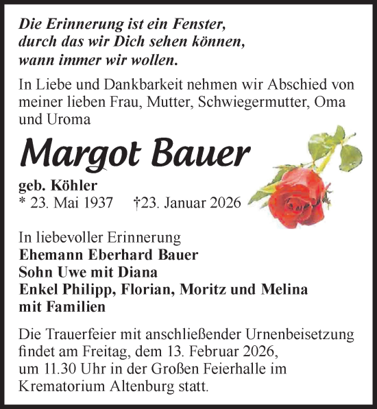 Traueranzeige von Margot Bauer von Leipziger Volkszeitung