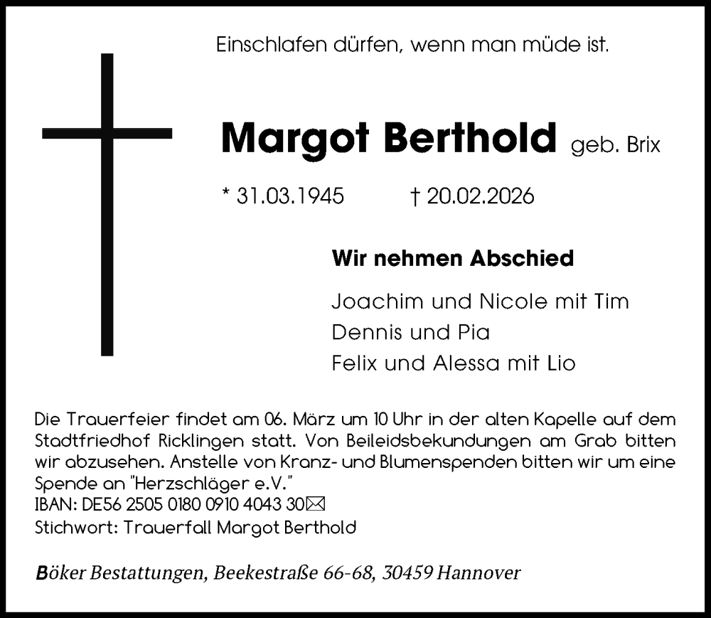  Traueranzeige für Margot Berthold vom 28.02.2026 aus Hannoversche Allgemeine Zeitung/Neue Presse