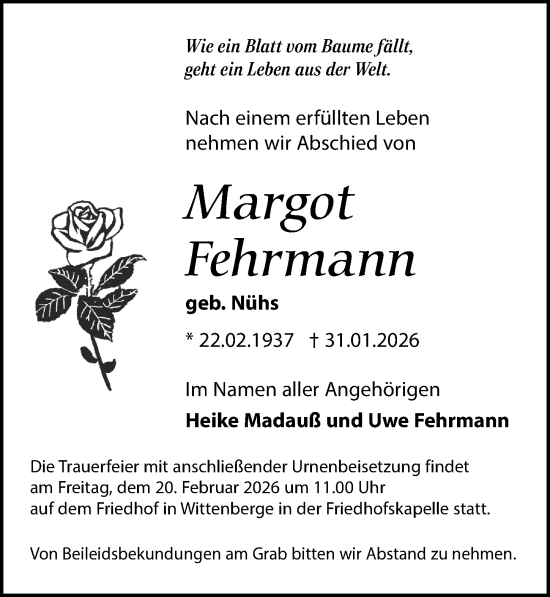 Traueranzeige von Margot Fehrmann von Wochenspiegel
