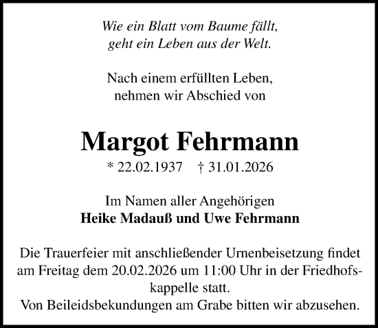 Traueranzeige von Margot Fehrmann von Wochenspiegel