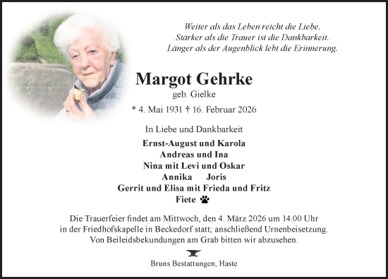 Traueranzeige von Margot Gehrke von Schaumburger Nachrichten