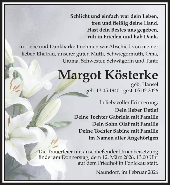 Traueranzeige von Margot Kösterke von Sächsische Zeitung